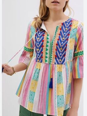 Anthropology Multicolor Striped Peasant Tunic